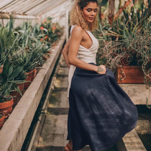 Navy Blue Linen Wrap Skirt: Midi Summer Skirt