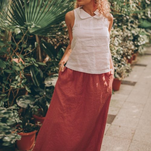Moroccan Red Linen Maxi Skirt: Elastic Waist Pockets