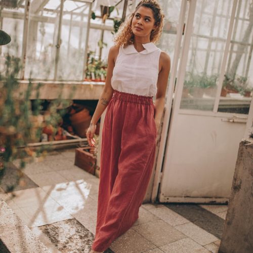 Moroccan Red Linen Maxi Skirt: Elastic Waist Pockets