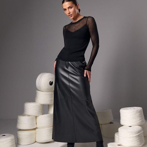 Black Vegan Leather Skirt Long High Waist Faux