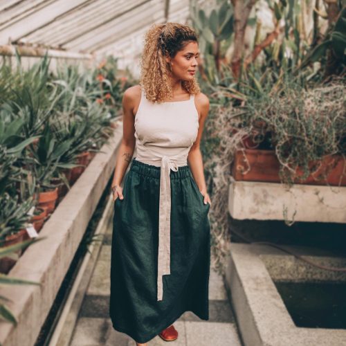 Dark Green Linen Midi Skirt: Elastic Waist Pockets