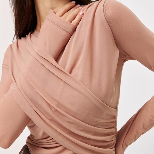 Fitted Long Sleeve Top Symmetric Drape Womens Blouse