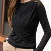 Fitted Long Sleeve Top Symmetric Drape Womens Blouse