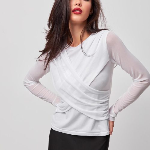 Fitted Long Sleeve Top Symmetric Drape Womens Blouse