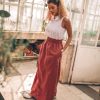 Moroccan Red Linen Maxi Skirt: Elastic Waist Pockets