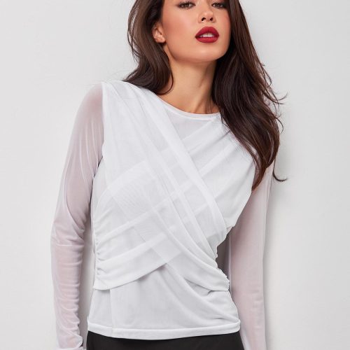 Fitted Long Sleeve Top Symmetric Drape Womens Blouse