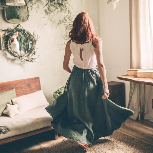 Green Linen Wrap Maxi Skirt With Pockets Boho
