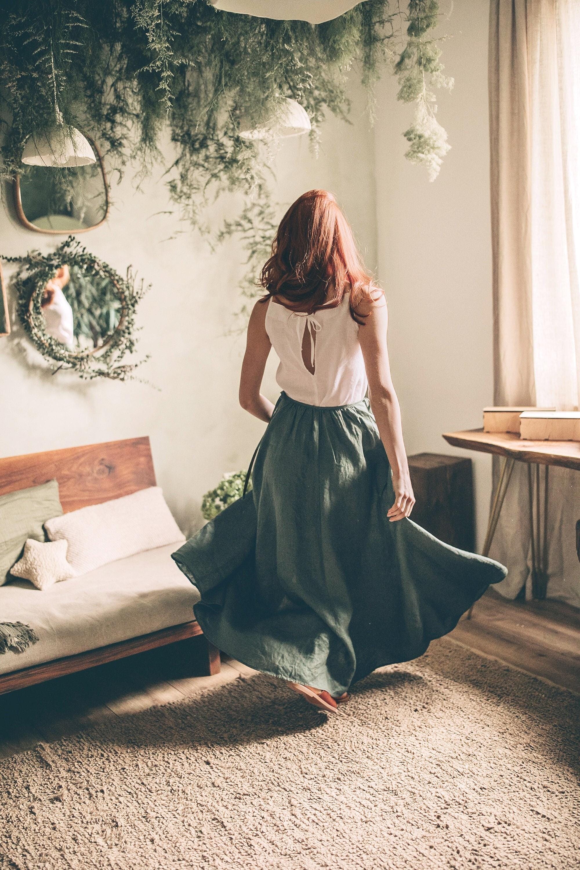 Green Linen Wrap Maxi Skirt With Pockets Boho