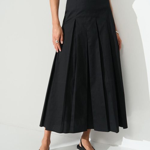 Pleated Midi Skirt Cotton Aline With Side Zipper