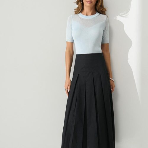 Pleated Midi Skirt Cotton Aline With Side Zipper