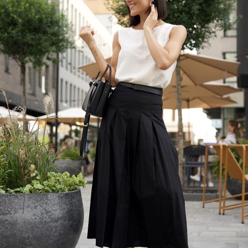 Pleated Midi Skirt Cotton Aline With Side Zipper