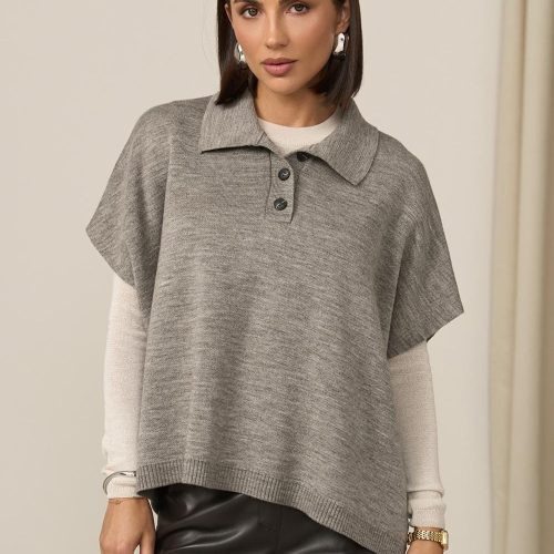 Wool Knit Vest With Side Slits Collared Poncho