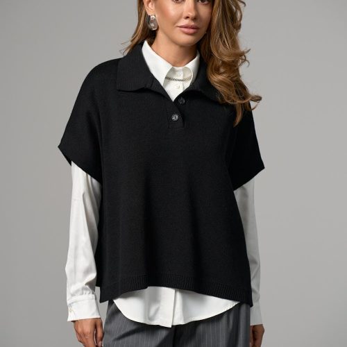 Wool Knit Vest With Side Slits Collared Poncho