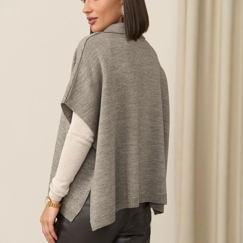 Wool Knit Vest With Side Slits Collared Poncho