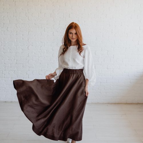Chocolate Brown Heavyweight Linen Skirt With Pockets And