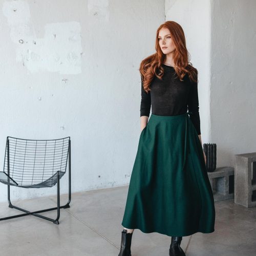 Wool Wrap Skirt With Pockets: Dark Green Bohemian