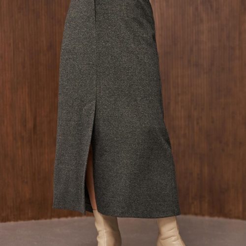 Wool Midi Skirt With Front Slit Warm Winter