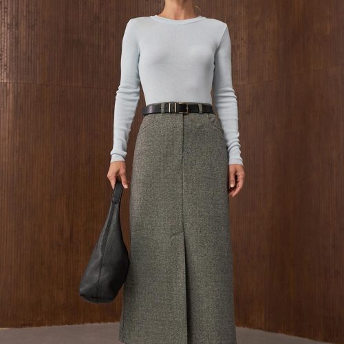 Wool Midi Skirt With Front Slit Warm Winter