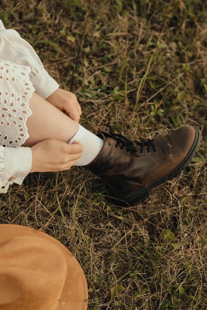 Handmade Brown Leather Boots Vintage Lace Up Fur