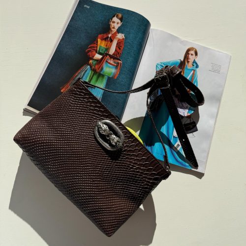 Handmade Brown Snake Print Leather Shoulder Bag Full