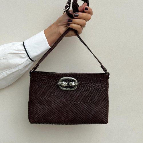 Handmade Brown Snake Print Leather Shoulder Bag Full