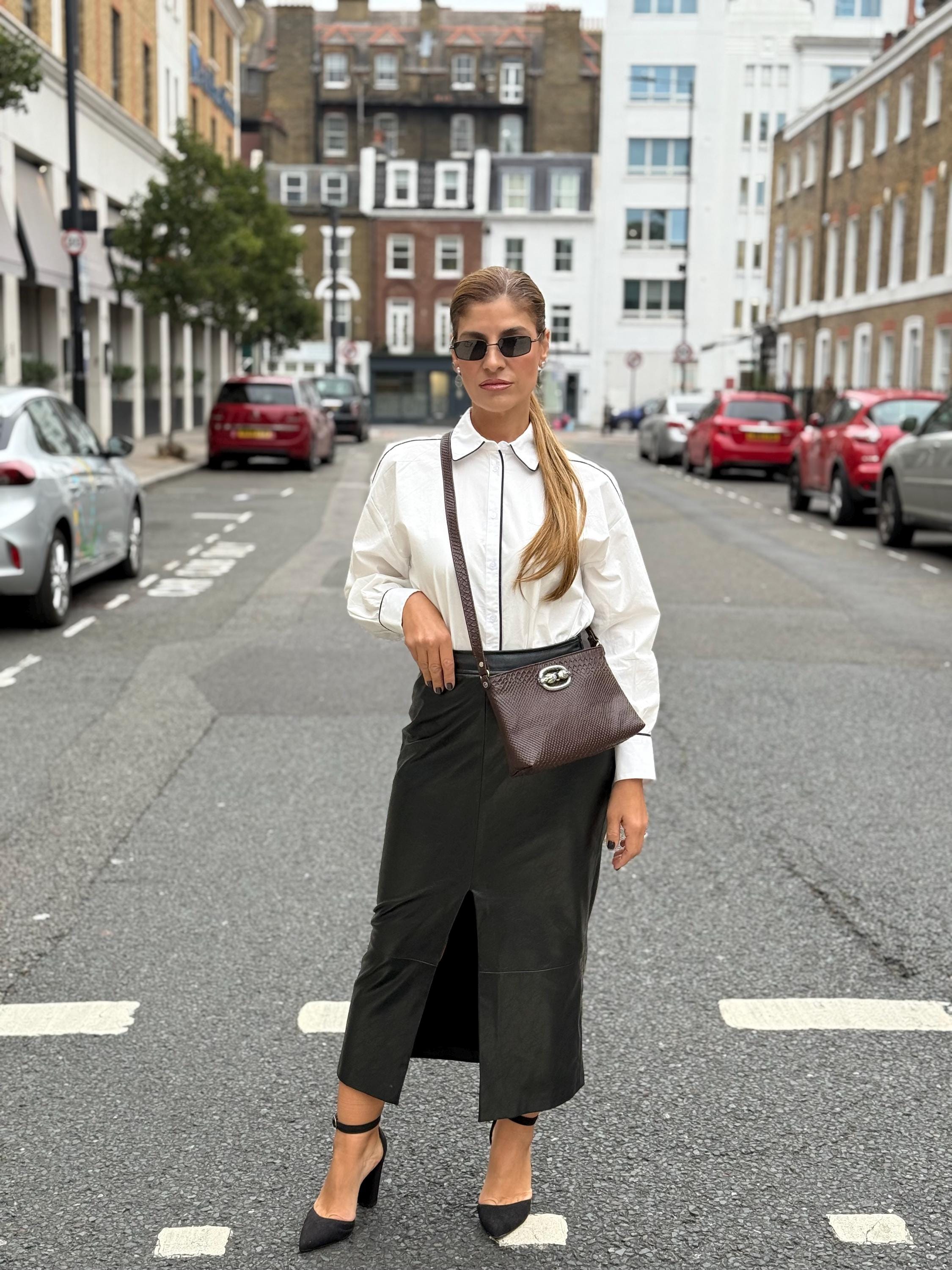 Handmade Brown Snake Print Leather Shoulder Bag Full