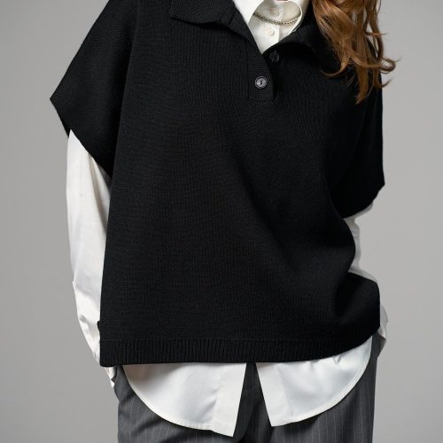 Wool Knit Vest With Side Slits Collared Poncho
