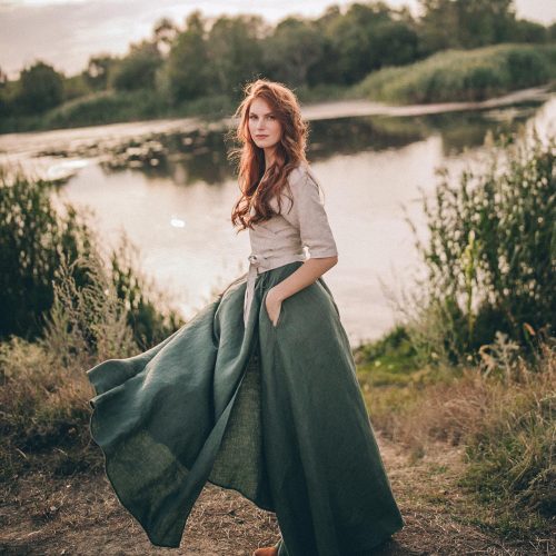 Heavy Weight Linen Skirt Wrap Green Maxi Long