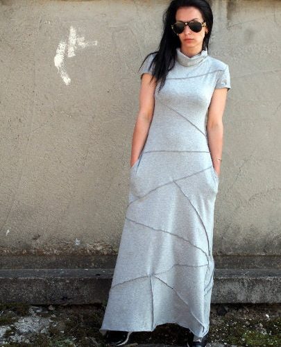 Gray Maxi Dress With High Neck Casual Sporty