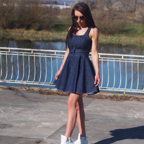 Vintage Style Denim Mini Dress Sleeveless Fit And