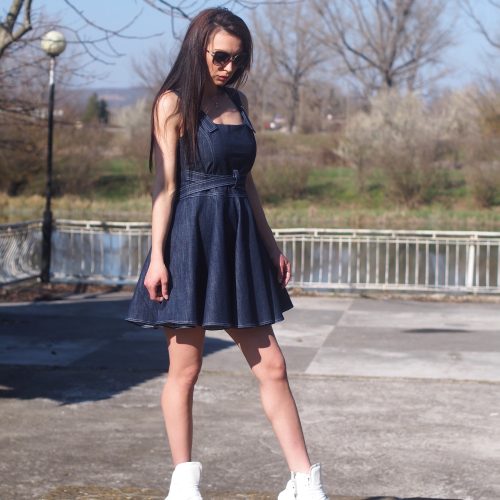 Vintage Style Denim Mini Dress Sleeveless Fit And