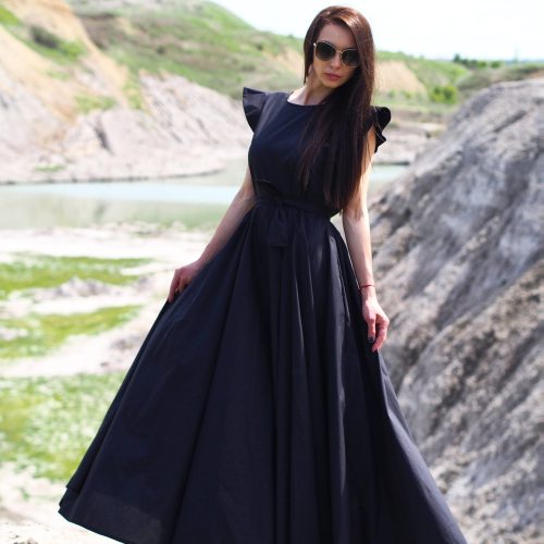 Elegant Black Ruffle Sleeve Maxi Dress Formal Belted