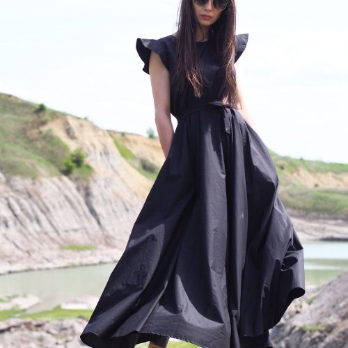 Elegant Black Ruffle Sleeve Maxi Dress Formal Belted