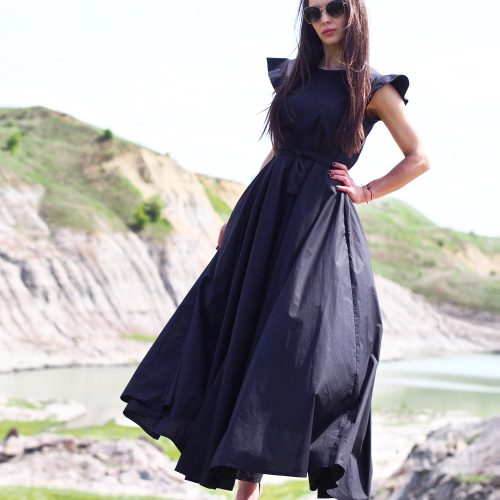 Elegant Black Ruffle Sleeve Maxi Dress Formal Belted