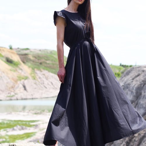 Elegant Black Ruffle Sleeve Maxi Dress Formal Belted
