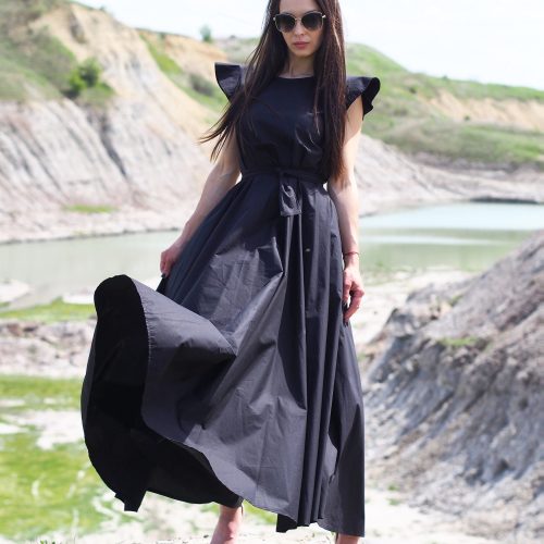 Elegant Black Ruffle Sleeve Maxi Dress Formal Belted