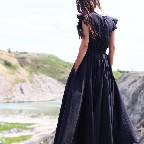 Elegant Black Ruffle Sleeve Maxi Dress Formal Belted