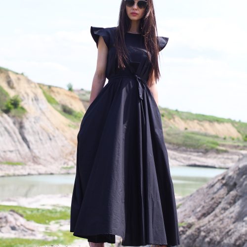 Elegant Black Ruffle Sleeve Maxi Dress Formal Belted