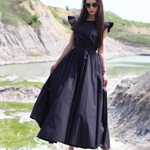 Elegant Black Ruffle Sleeve Maxi Dress Formal Belted