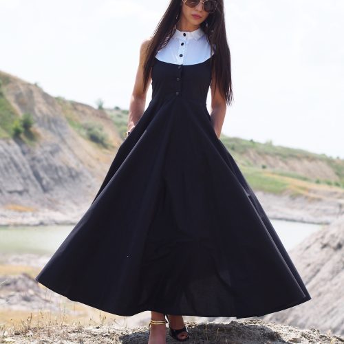 Black Sleeveless Vintage A Line Maxi Dress With