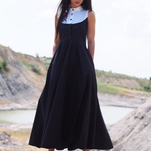 Black Sleeveless Vintage A Line Maxi Dress With