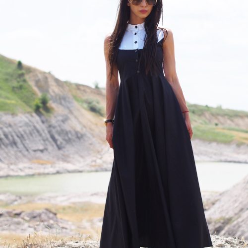 Black Sleeveless Vintage A Line Maxi Dress With