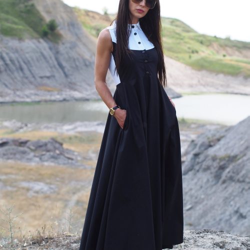 Black Sleeveless Vintage A Line Maxi Dress With