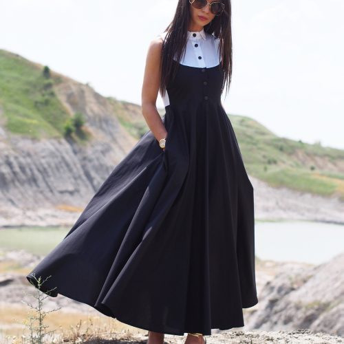 Black Sleeveless Vintage A Line Maxi Dress With