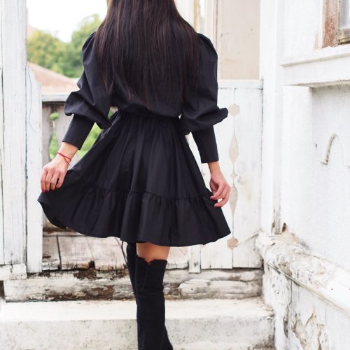 Elegant Black Puff Sleeve Mini Dress Long A
