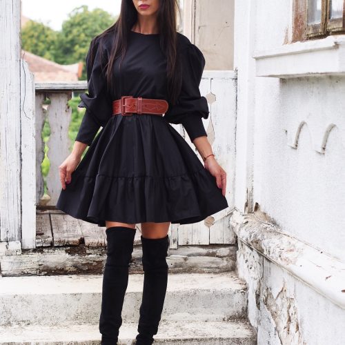 Elegant Black Puff Sleeve Mini Dress Long A