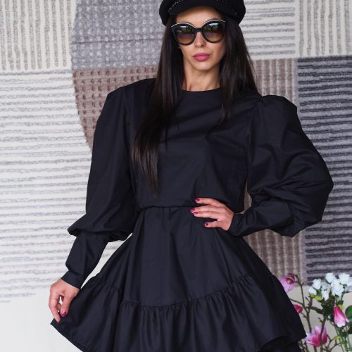 Elegant Black Puff Sleeve Mini Dress Long A