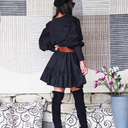 Elegant Black Puff Sleeve Mini Dress Long A