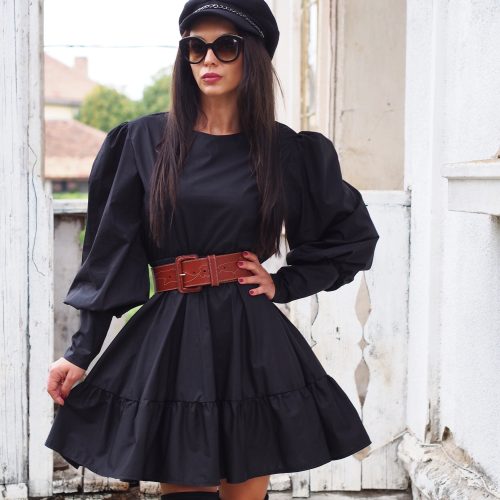 Elegant Black Puff Sleeve Mini Dress Long A