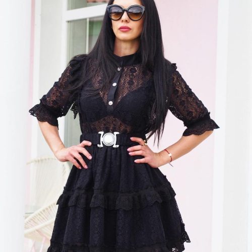 Black Lace Mini Dress With Belt Elegant Cotton